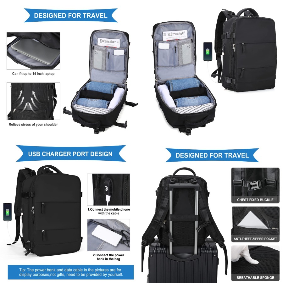 Woman In Bag - 【New Arrival】Black Travel Backpack with USB
