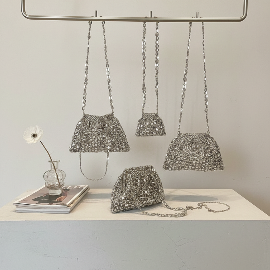 Evening Bag Beaded - Silver Shiny Sequin Evening Banquet Bag